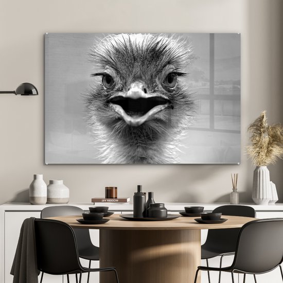 MuchoWow® Peinture sur verre 120x80 cm - Peinture sur verre acrylique - Autruche en gros plan - noir et blanc - Photo sur verre - Peintures