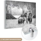 MuchoWow® Glasschilderij 120x80 cm - Schilderij acrylglas - Baby olifant met haar moeder in zwart-wit - zwart wit - Foto op glas - Schilderijen