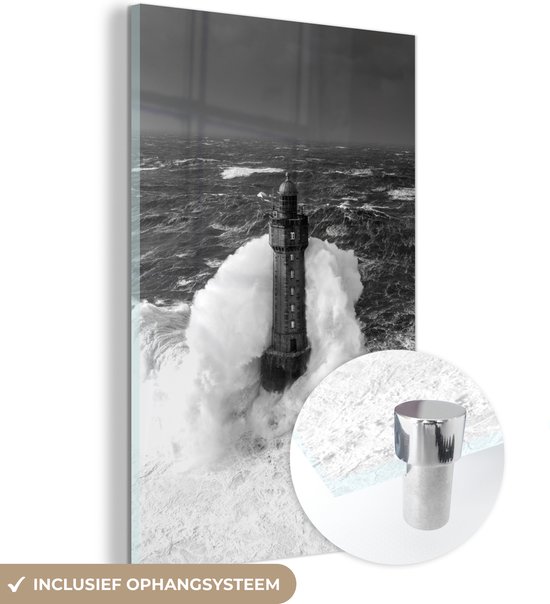 MuchoWow® Tableau sur Verre - Le phare de la Jument en France devant un ciel menaçant - noir et blanc - 60x90 cm - Peintures sur Verre Peintures - Photo sur Glas