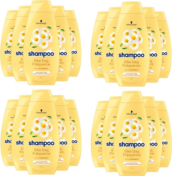 Twaalf lichtgele flessen Schwarzkopf Elke Dag shampoo met kamille en bloemenprint. De tekst op de fles is in het Nederlands en Frans.