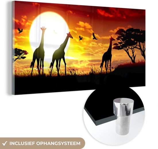 MuchoWow® Glasschilderij 40x20 cm - Schilderij acrylglas - Een illustratie van Afrikaanse giraffen tegen de zon - Foto op glas - Schilderijen