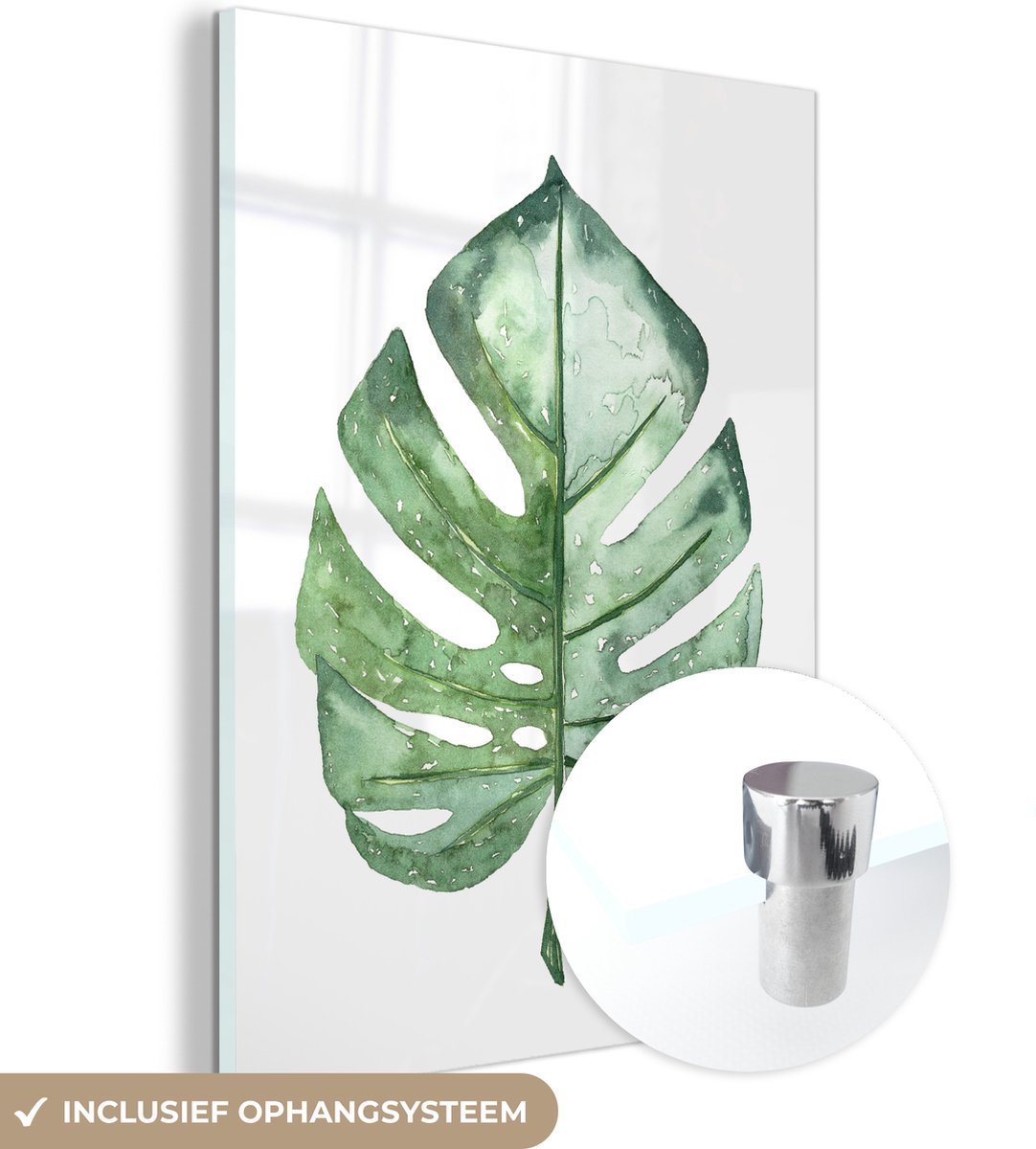 ® Glasschilderij 90x120 cm - Schilderij acrylglas - Waterverf - Monstera - Blad - Foto op glas - Muurdecoratie woonkamer - Wanddecoratie slaapkamer - Schilderijen