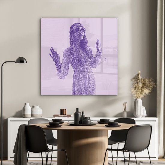MuchoWow® Peinture sur verre 90x90 cm - Peinture sur verre - Illustration d'une jeune femme hippie - Photo sur verre acrylique - Peintures