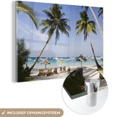 MuchoWow® Glasschilderij 30x20 cm - Schilderij acrylglas - Palmbomen en ligstoelen op het strand van Boracay - Foto op glas - Schilderijen
