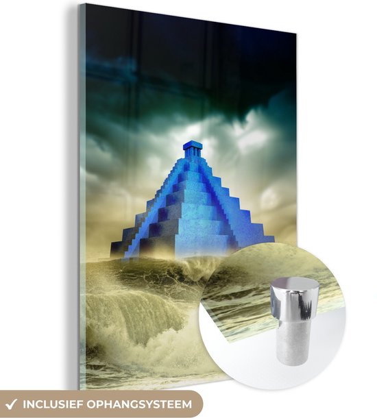 MuchoWow® Glasschilderij 60x80 cm - Schilderij acrylglas - De Maya piramide wordt bestormd door een tsunami in een illustratie - Foto op glas - Schilderijen