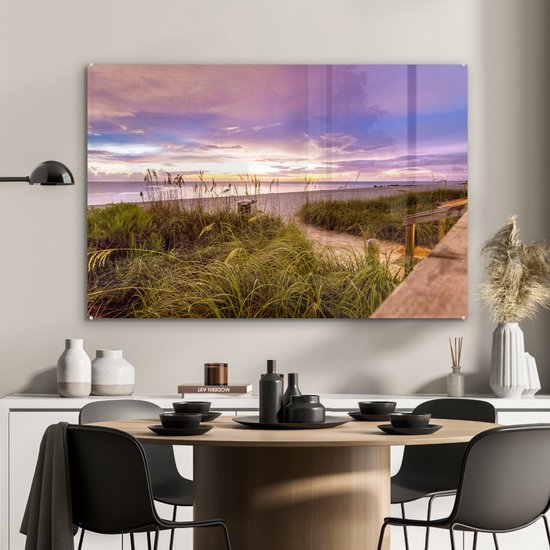 ® Glasschilderij 90x60 cm - Schilderij acrylglas - Kleurrijke hemel boven het strand in Florida - Foto op glas - Muurdecoratie woonkamer - Wanddecoratie slaapkamer - Schilderijen