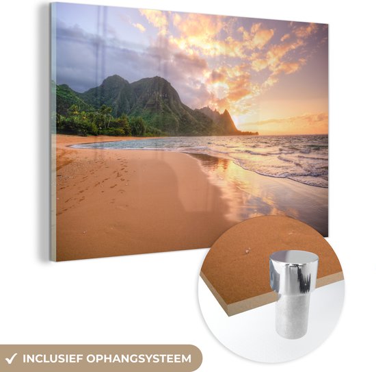 MuchoWow® Glasschilderij 90x60 cm - Schilderij acrylglas - Strand - Hawaï - Lucht - Foto op glas - Schilderijen