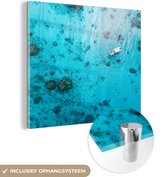MuchoWow® Glasschilderij 20x20 cm - Schilderij acrylglas - Oceaan - Boot - Zon - Foto op glas - Schilderijen