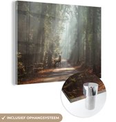 MuchoWow® Glasschilderij 120x90 cm - Schilderij acrylglas - Hert - Bos - Zon - Foto op glas - Schilderijen