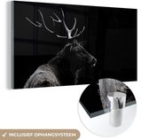 MuchoWow® Glasschilderij 120x60 cm - Schilderij acrylglas - Hert - Zwart - Wit - Gewei - Foto op glas - Schilderijen