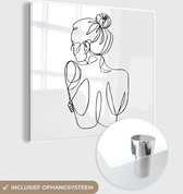 MuchoWow® Glasschilderij 20x20 cm - Schilderij acrylglas - Abstracte line art van een vrouw van achteren vierkant - Foto op glas - Schilderijen