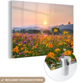 MuchoWow® Glasschilderij 60x40 cm - Schilderij acrylglas - Bloemen - Zonsondergang - Berg - Foto op glas - Schilderijen