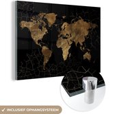 MuchoWow® Glasschilderij 60x40 cm - Schilderij acrylglas - Wereldkaart - Marmer - Goud - Foto op glas - Schilderijen