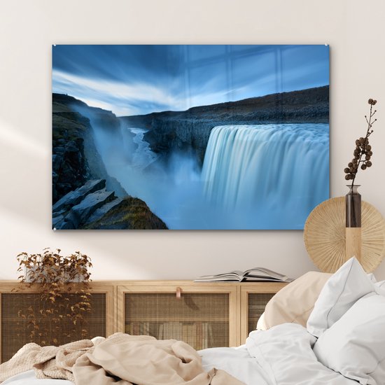 Peinture sur verre - Une large cascade dans le parc national de Vatnajökull en Islande sous un ciel nuageux - 90x60 cm - Peintures sur verre acrylique - Photo sur Glas
