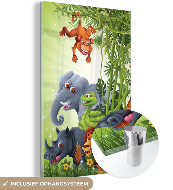 MuchoWow® Glasschilderij 100x150 cm - Schilderij acrylglas - Jungle dieren - Planten - Kinderen - Olifant - Giraf - Leeuw - Foto op glas - Schilderijen