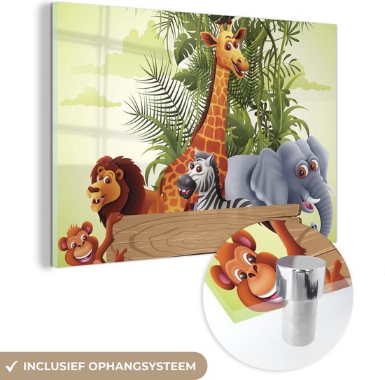 MuchoWow® Glasschilderij 60x40 cm - Schilderij acrylglas - Jungle dieren - Natuur - Planken - Kinderen - Giraffe - Foto op glas - Schilderijen
