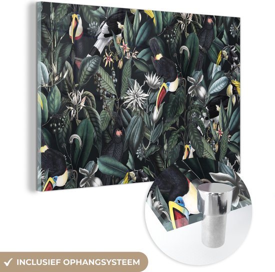 MuchoWow® Peinture sur verre 60x40 cm - Peinture sur verre acrylique - Fleurs - Toucan - Feuilles - Photo sur verre - Peintures
