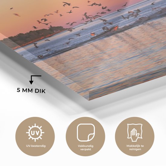 MuchoWow® Peinture sur verre 90x60 cm - Peinture acrylique sur verre - Bateau de pêche au coucher du soleil - Photo sur verre - Peintures