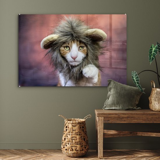 MuchoWow® Peinture sur Verre - Chat - Costume - Lion - 120x80 cm - Peintures sur Verre Acrylique - Photo sur Glas