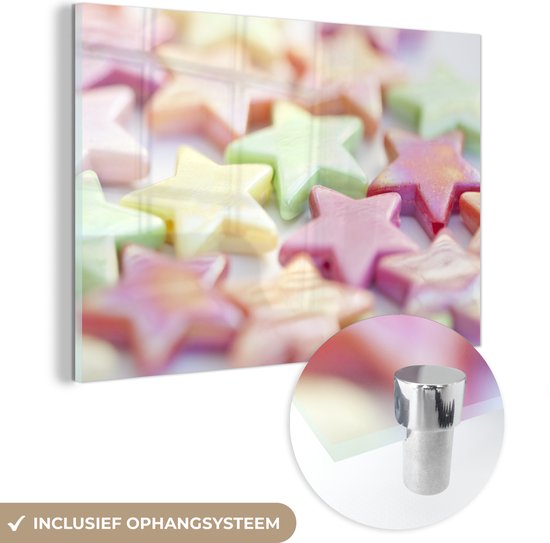 MuchoWow® Glasschilderij 60x40 cm - Schilderij acrylglas - Pastel sterren - Foto op glas - Schilderijen