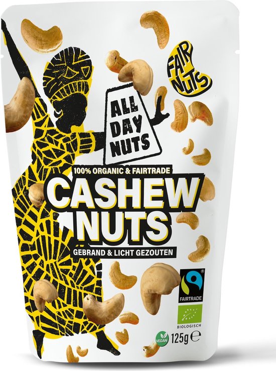 Foto: All day nuts cashew nuts 10 x 125 gram gezonde snack vitaminen borrel noten 100 fair trade cashewnoten eerlijke noten handige verpakking