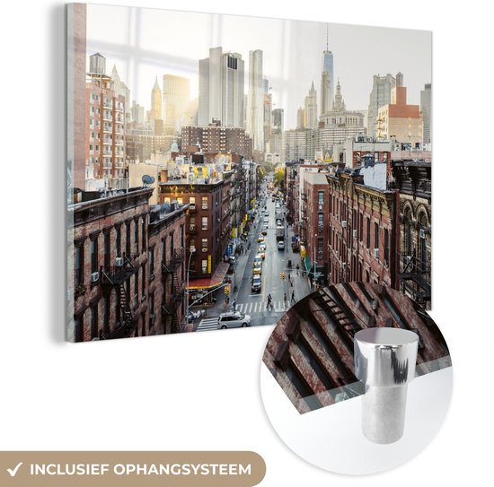 ® Glasschilderij 90x60 cm - Schilderij acrylglas - New York - Amerika - Auto - Foto op glas - Muurdecoratie woonkamer - Wanddecoratie slaapkamer - Schilderijen