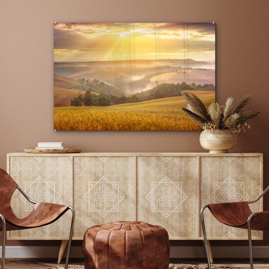 MuchoWow® Peinture sur verre - Brouillard - Soleil - Paysage - 90x60 cm - Peintures sur verre acrylique - Photo sur Glas