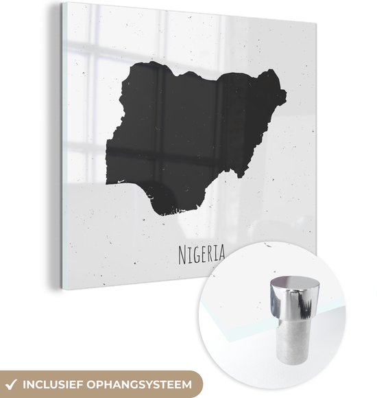 MuchoWow® Glasschilderij 50x50 cm - Schilderij acrylglas - Illustratie van Nigeria in het zwart op een witte achtergrond met vlekken - Foto op glas - Schilderijen