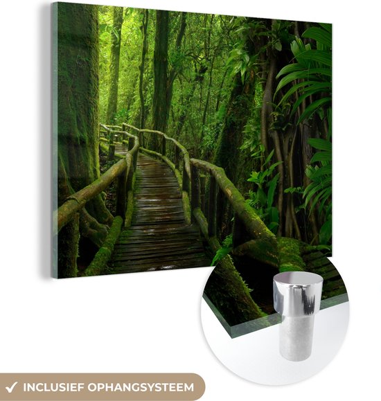 Glasschilderij - Foto op glas - Bos - Bomen - Jungle - Pad - Groen - Wanddecoratie - Acrylglas - 40x30 cm - Muurdecoratie - Schilderij glas
