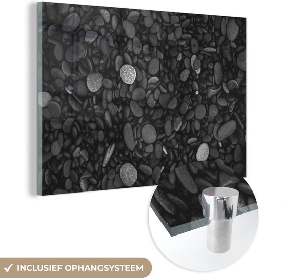 Glasschilderij - Kiezelsteen - Zwart - Wit - Stenen - 150x100 cm - Wanddecoratie - Kamer decoratie