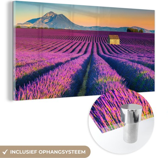 MuchoWow® Glasschilderij 40x20 cm - Schilderij acrylglas - Lavendel - Berg - Bloemen - Foto op glas - Schilderijen