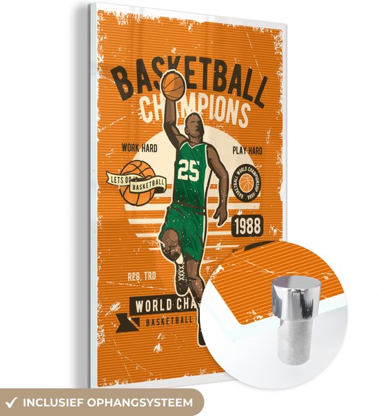 MuchoWow® Glasschilderij 20x30 cm - Schilderij acrylglas - Mancave - Basketbal - Sport - Retro - Foto op glas - Schilderijen