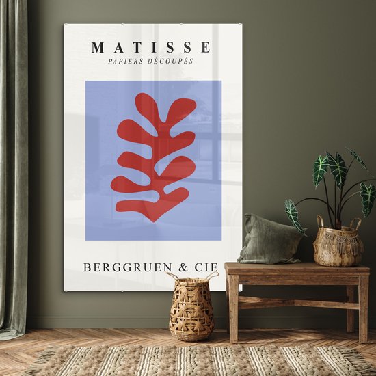 MuchoWow® Peinture sur verre 100x150 cm - Peinture sur verre acrylique - Matisse - Feuille - Rouge - Blauw - Abstrait - Photo sur verre - Peintures