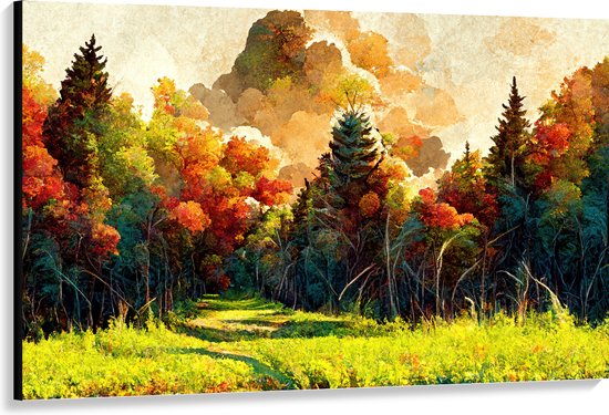 Canvas - Schilderij van Bospad tussen Herfstkleurige Bomen - 150x100 cm Foto op Canvas Schilderij (Wanddecoratie op Canvas)