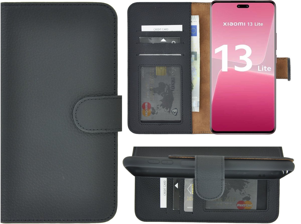 MoDo hoesje Geschikt voor Xiaomi 13 Lite - Echt Leer Book Case - Geribbeld Zwart