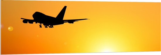 Acrylglas - Silhouet van Passagiers Vliegtuig Wegvliegend van Zonsondergang - 150x50 cm Foto op Acrylglas (Wanddecoratie op Acrylaat)