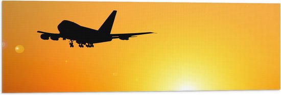 Vlag - Silhouet van Passagiers Vliegtuig Wegvliegend van Zonsondergang - 90x30 cm Foto op Polyester Vlag