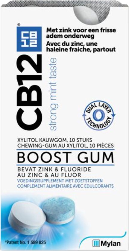 CB12 Mondverzorging Boost Kauwgom - Sterke Mintsmaak - Verfrissend en Beschermend - Xylitol Kauwgom - 3-Voudige Werking - Strong Mint - 10 stuks
