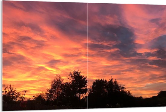 Acrylglas - Roze Gloed in Lucht boven Silhouet van Bomen - 120x80 cm Foto op Acrylglas (Wanddecoratie op Acrylaat)