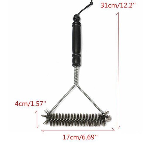 Grillborstel met afmetingen: 31cm hoog, 17cm breed, 4cm borstelkop.