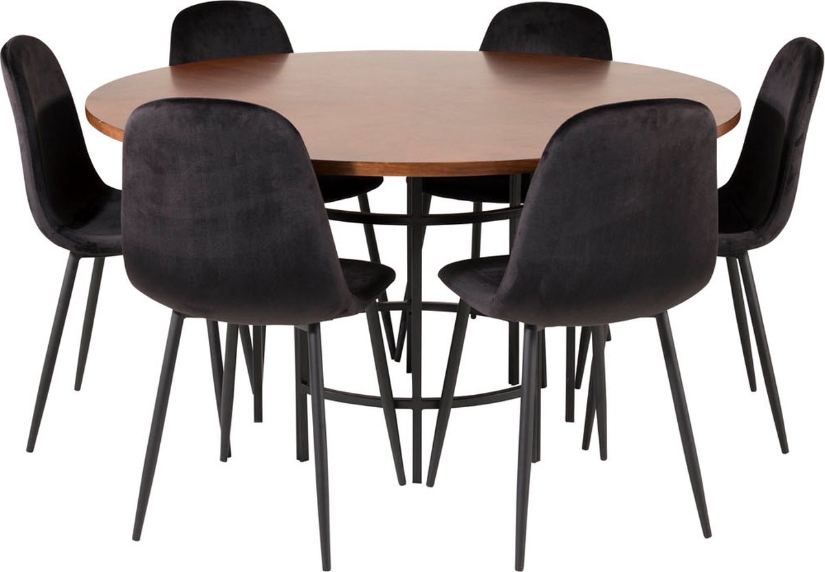 Copenhagen eethoek eetkamertafel bruin en 6 Polar eetkamerstal velours zwart.