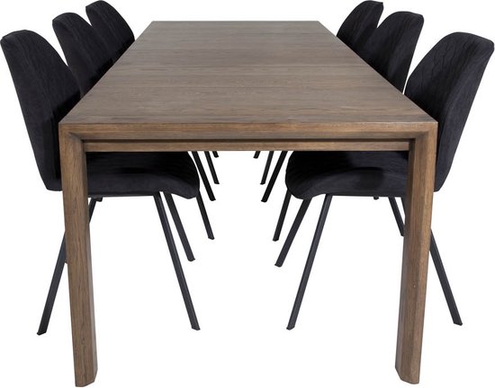 SliderOS eethoek eetkamertafel uitschuifbare tafel lengte cm 170 / 250 rokerig eik en 6 Gemma eetkamerstal zwart.