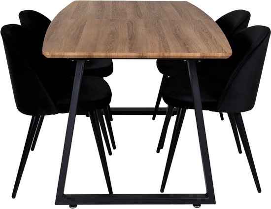 IncaNABL eethoek eetkamertafel uitschuifbare tafel lengte cm 160 / 200 el hout decor en 4 Velvet eetkamerstal velours zwart.