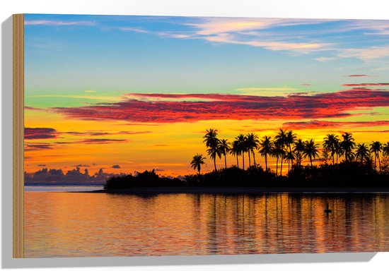 Hout - Silhouet van Palmbomen aan het Water tijdens Zomerse Zonsondergang - 60x40 cm - 9 mm dik - Foto op Hout (Met Ophangsysteem)