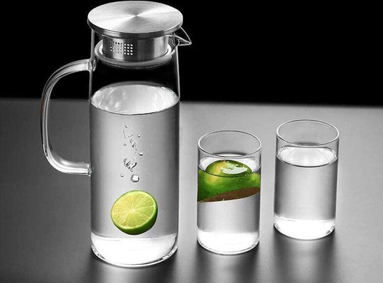 Hittebestendige glazen kan met roestvrijstalen deksel - waterkaraf - 1000ml
