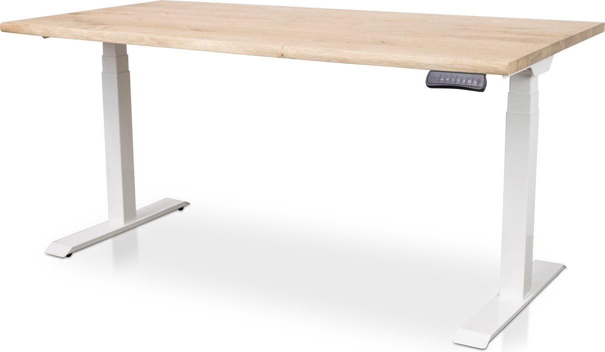 Multi Ratio Zit-sta bureau met massief eiken boomstam blad 160 x 80 cm - MRC PRO NEN-EN 527 - elektrisch verstelbaar - frame wit - 130 cm hoog - 150KG draagvermogen