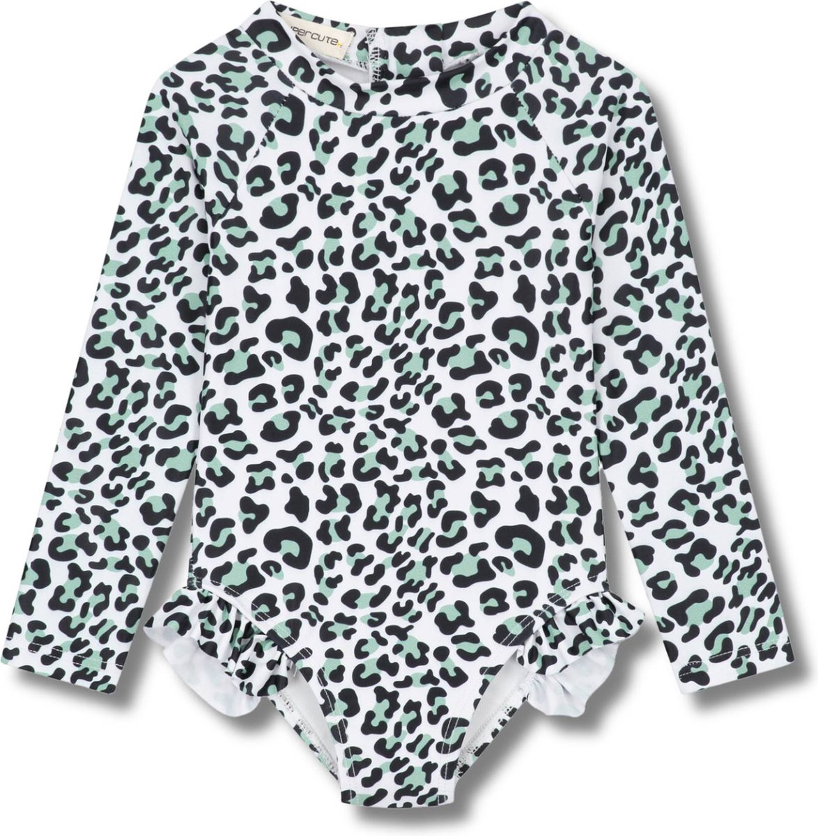 Supercute badpak UV-Zwempak - UPF50+, dierenprint met drukknopen panterprint lange mouwen wit