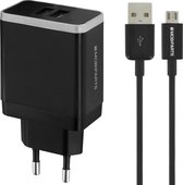 Mobiparts USB-A thuislader met 2 poorten en losse USB Micro B kabel - Smart IC - 2,4A / zwart - 1 meter