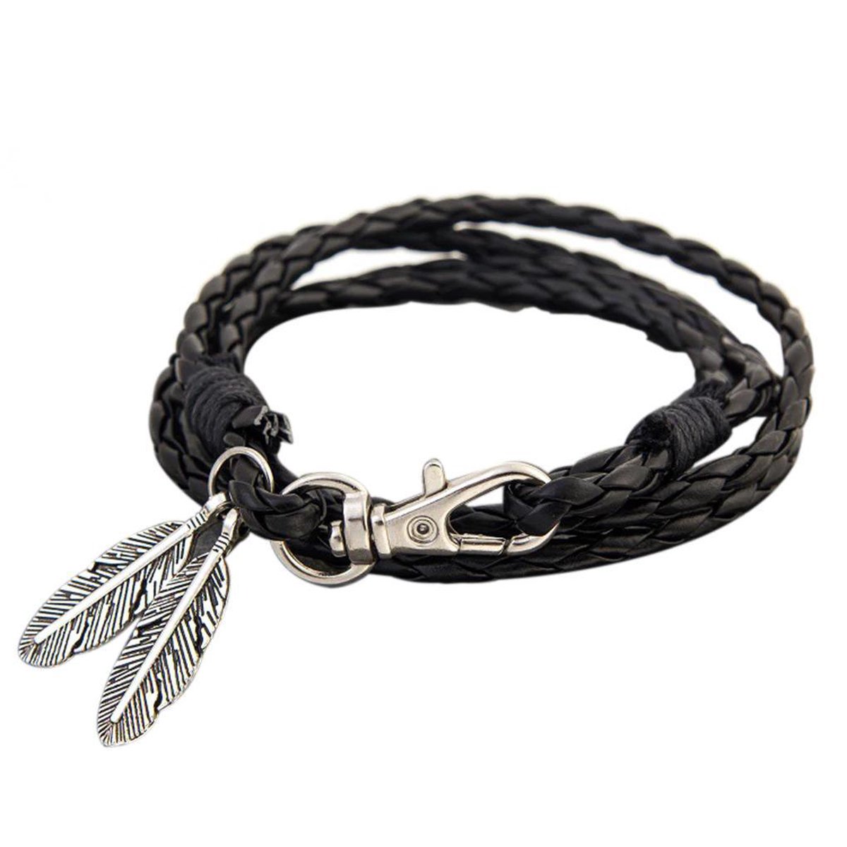 Armband Heren - Zwart Leer met Stalen Hanger - Armbanden Heren Dames - Papa Cadeau Voor Mannen - Vaderdag