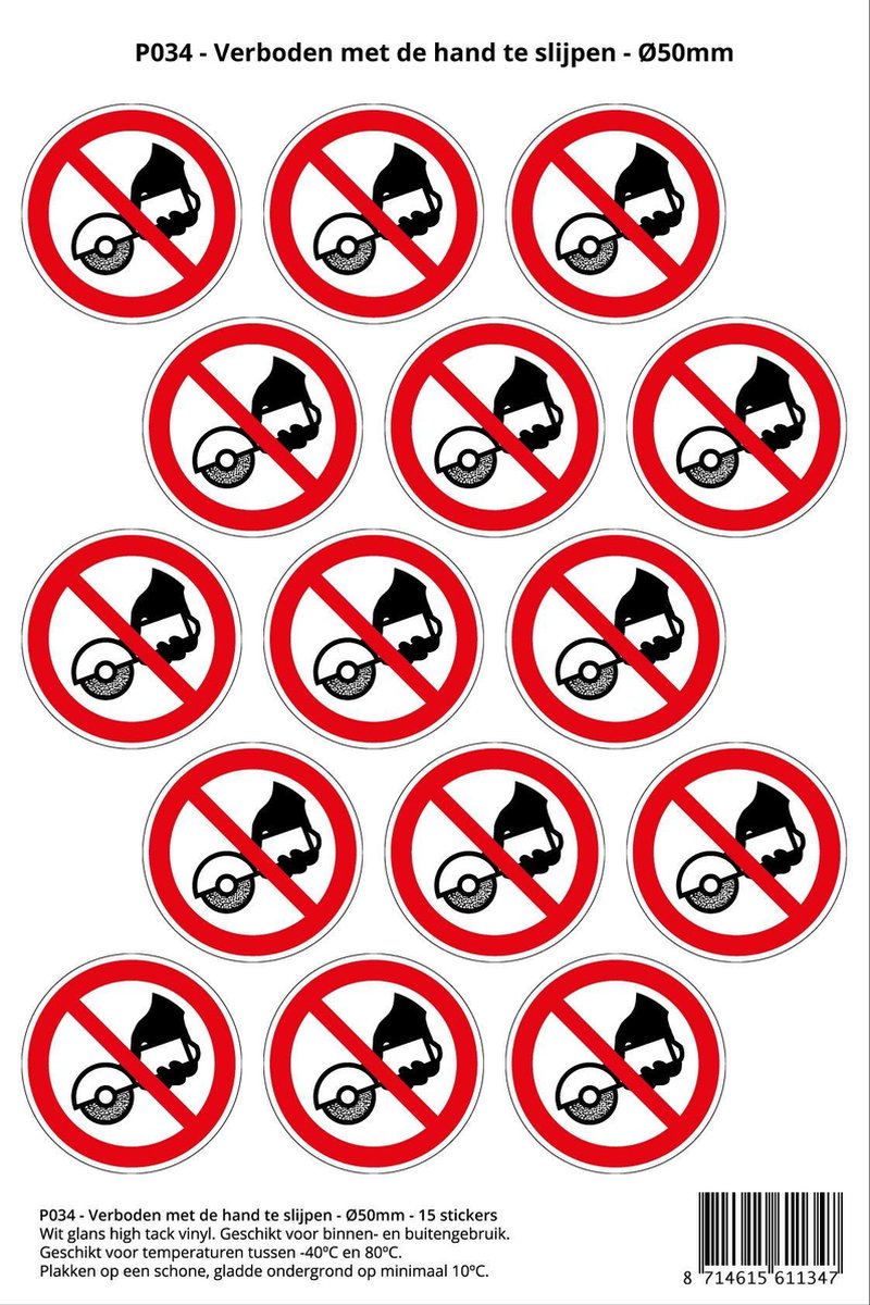 Pictogram sticker P034 - Verboden met de hand te slijpen - Ø 50mm - 15 stickers op 1 vel